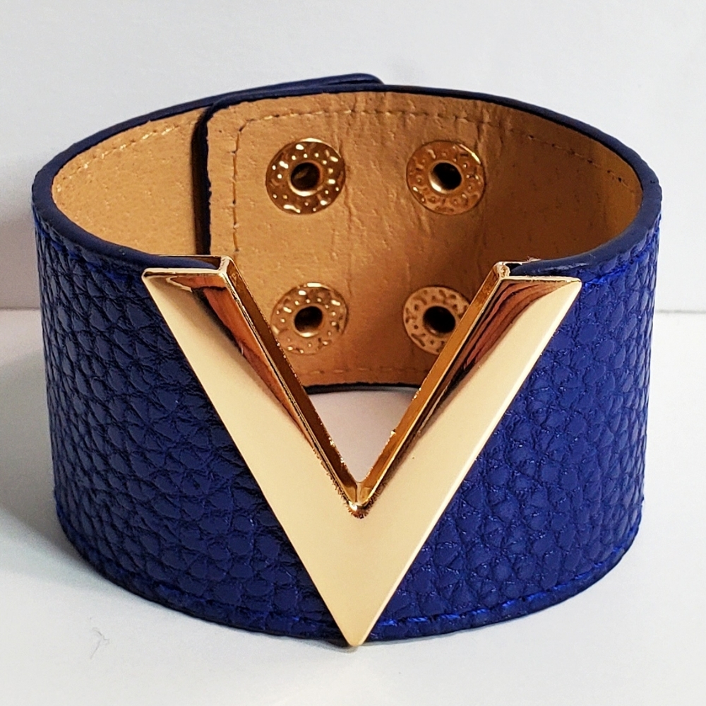V Navy Blue Faux Leather Bracelet, Snap Leather Look Bangle Bracelet, Unisex